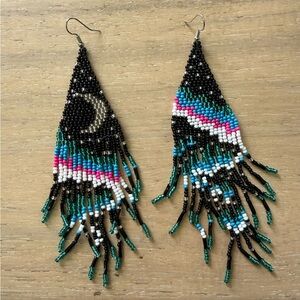 Handcrafted Beaded Fringe Earrings Moon Silver Black Lunar Celestial